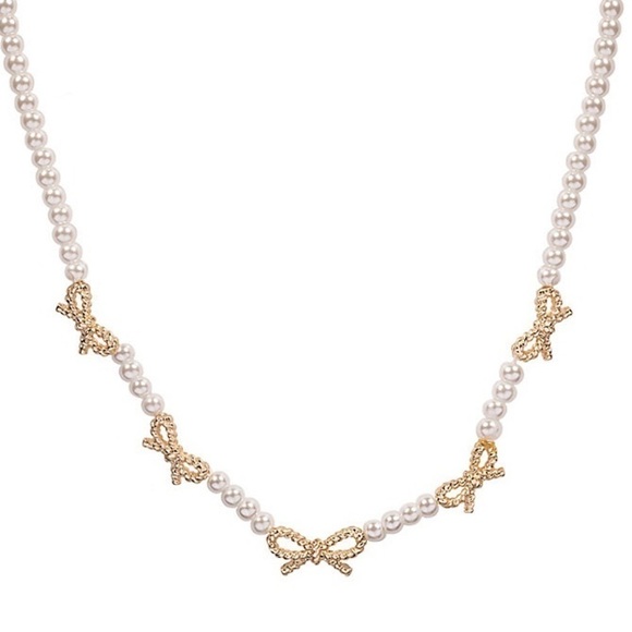 Draper James RSVP Gold Tone Simulated Pearl Bow Station Necklace - Picture 1 of 2